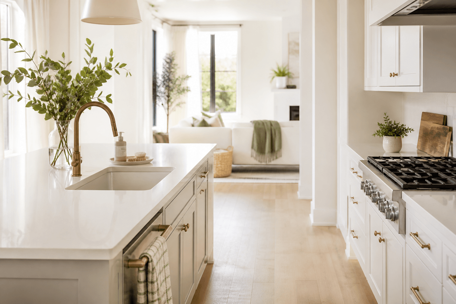 Bright, freshly cleaned interior with a tidy kitchen and living area